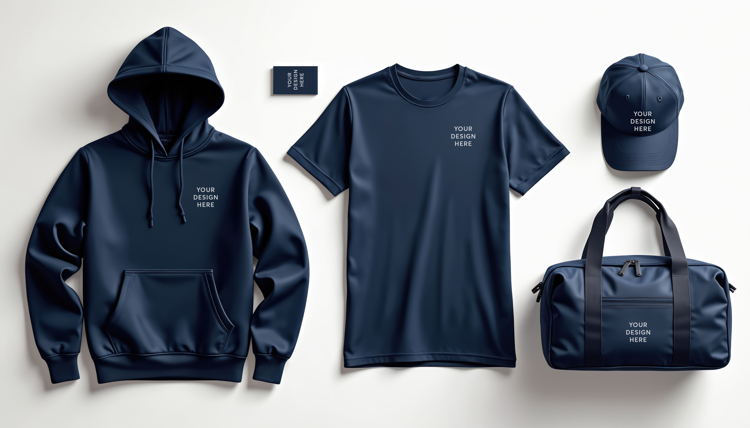 Corporate merch program — branded navy hoodie, tee, cap, and bag