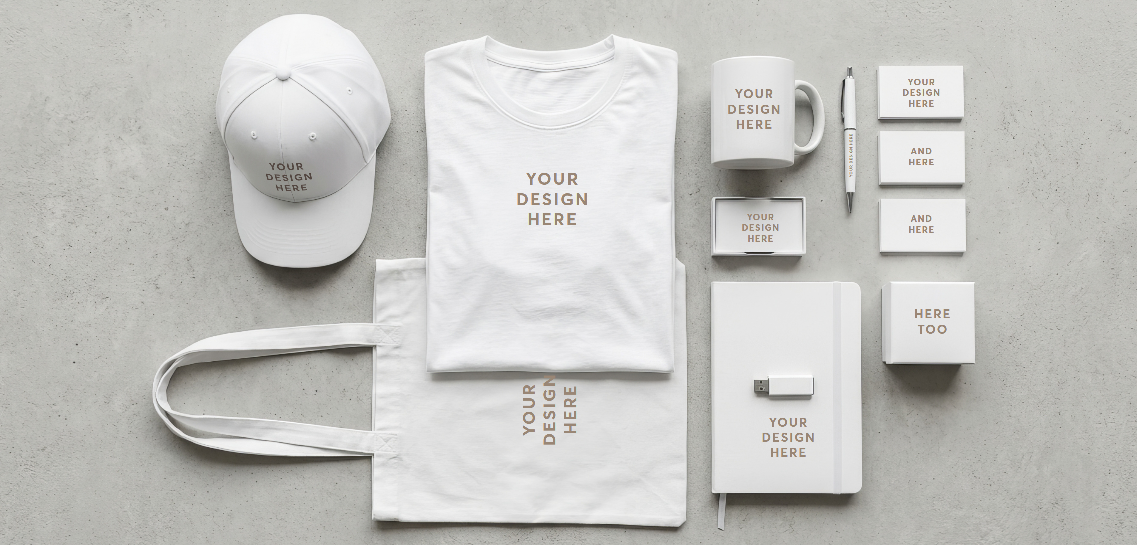 Branded corporate merch flat lay — cap, t-shirt, mug, pen, business cards