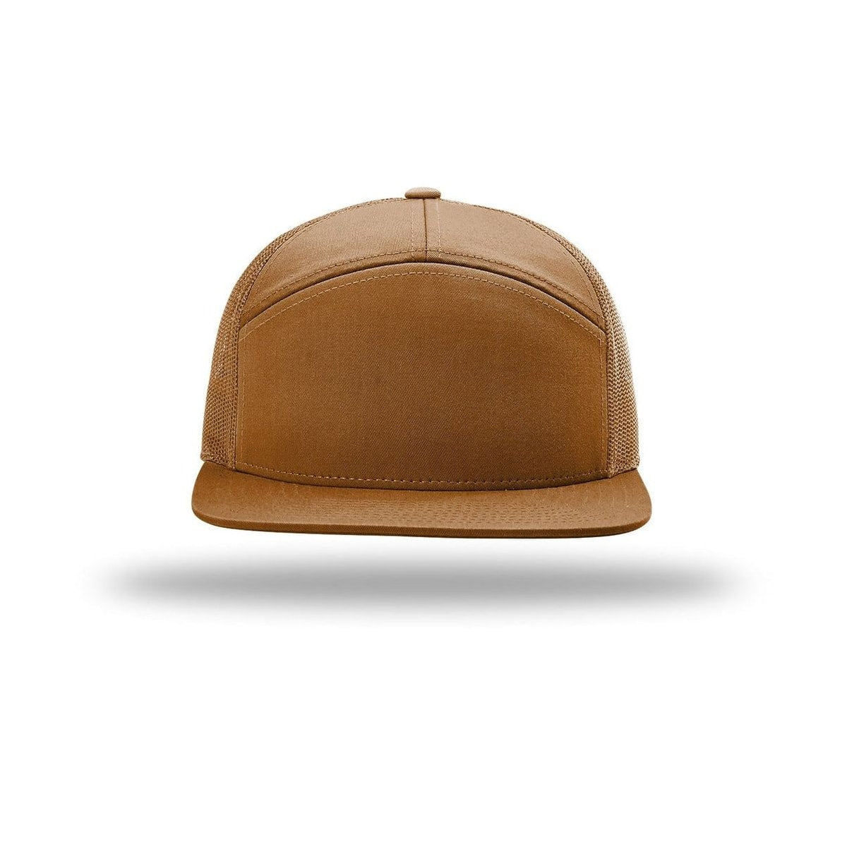 embroidered-hi-pro-7-panel-trucker-cap — Caramel