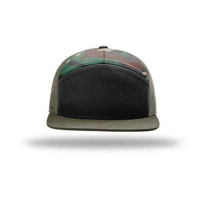 embroidered-hi-pro-7-panel-trucker-cap — Black/ Green Camo/ Loden