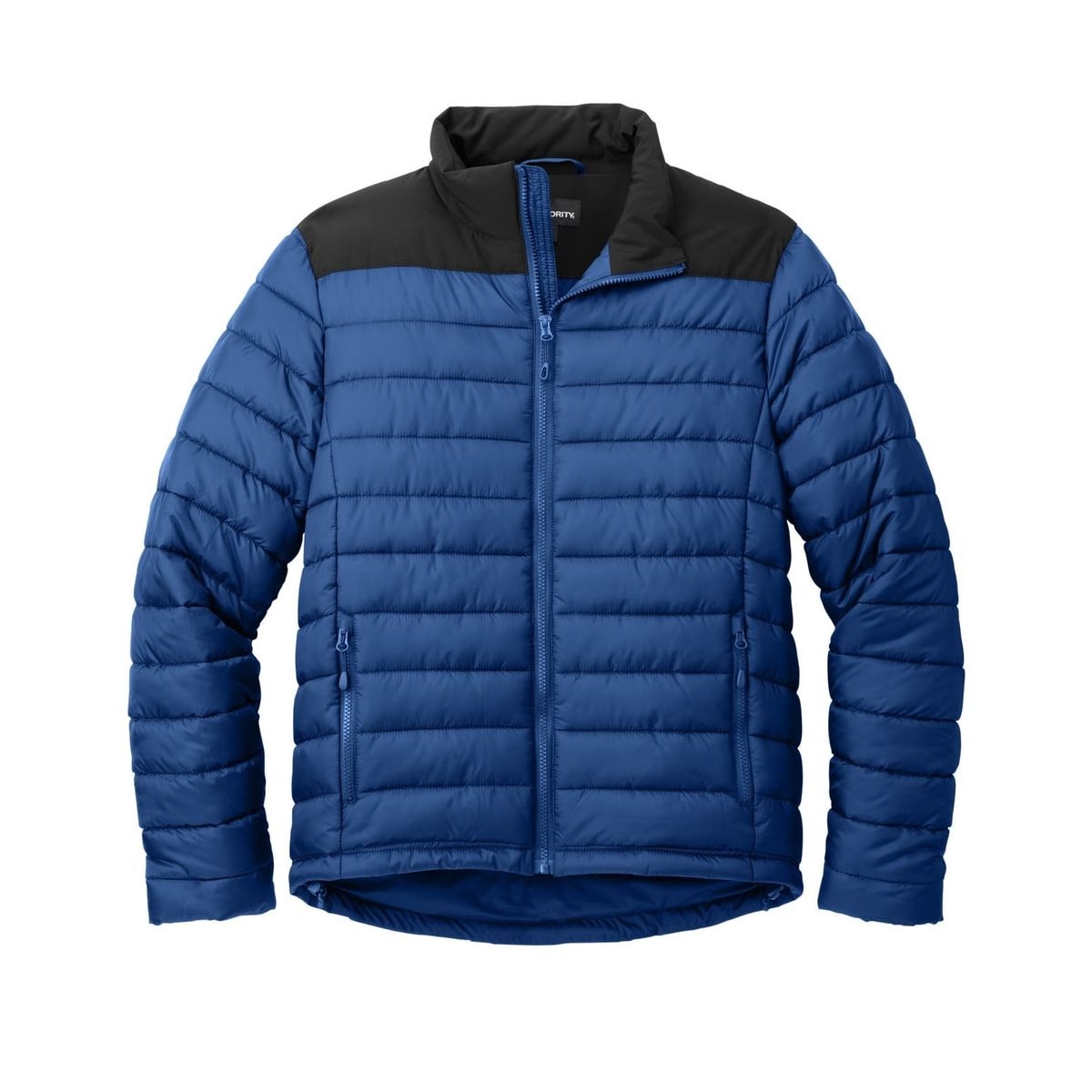 embroidered-men-s-puffer-jacket — True Blue/ Deep Black