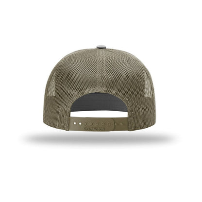 embroidered-hi-pro-7-panel-trucker-cap — Black/ Green Camo/ Loden back