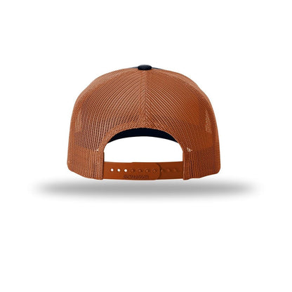 embroidered-richardson-five-panel-cap-with-rope-112fpr — Navy/ Dark Orange/ Dark Orange back