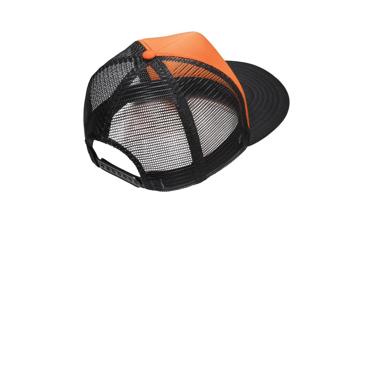 District Flat Bill Snapback Trucker Cap — Neon Orange (Back)