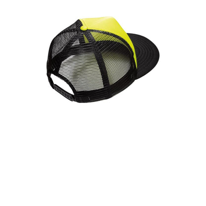 District Flat Bill Snapback Trucker Cap — Neon Yellow (Back)
