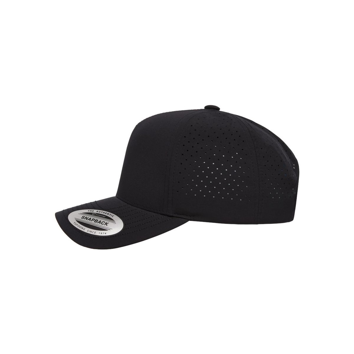 Five-Panel Snapback with Perforated Cap — Black (Left)
