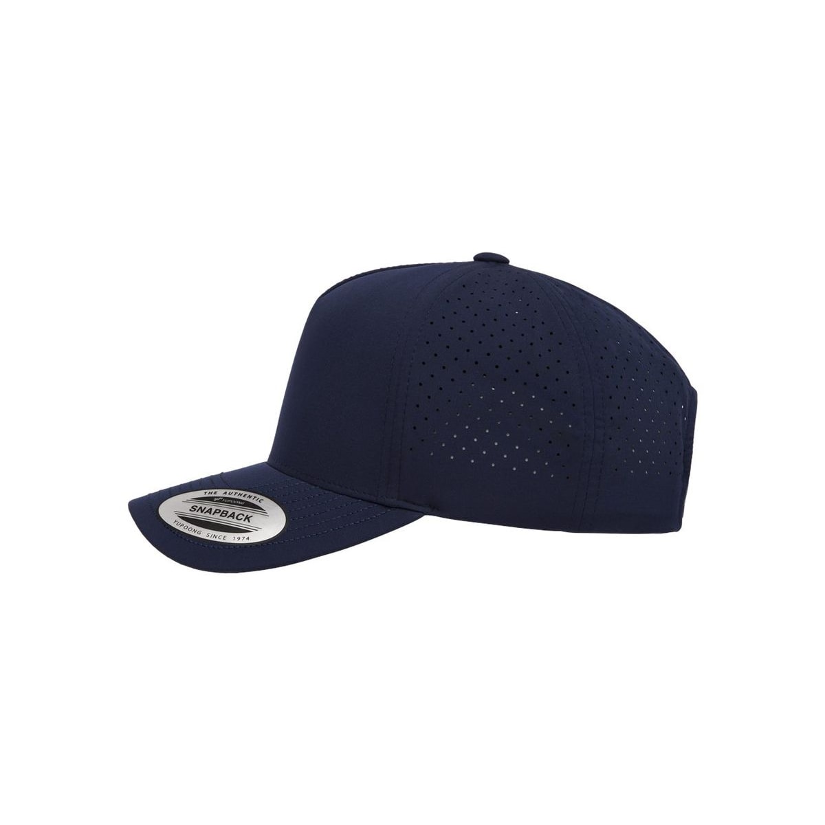 Five-Panel Snapback with Perforated Cap — Navy (Left)