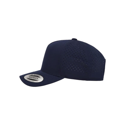 Five-Panel Snapback with Perforated Cap — Navy (Left)