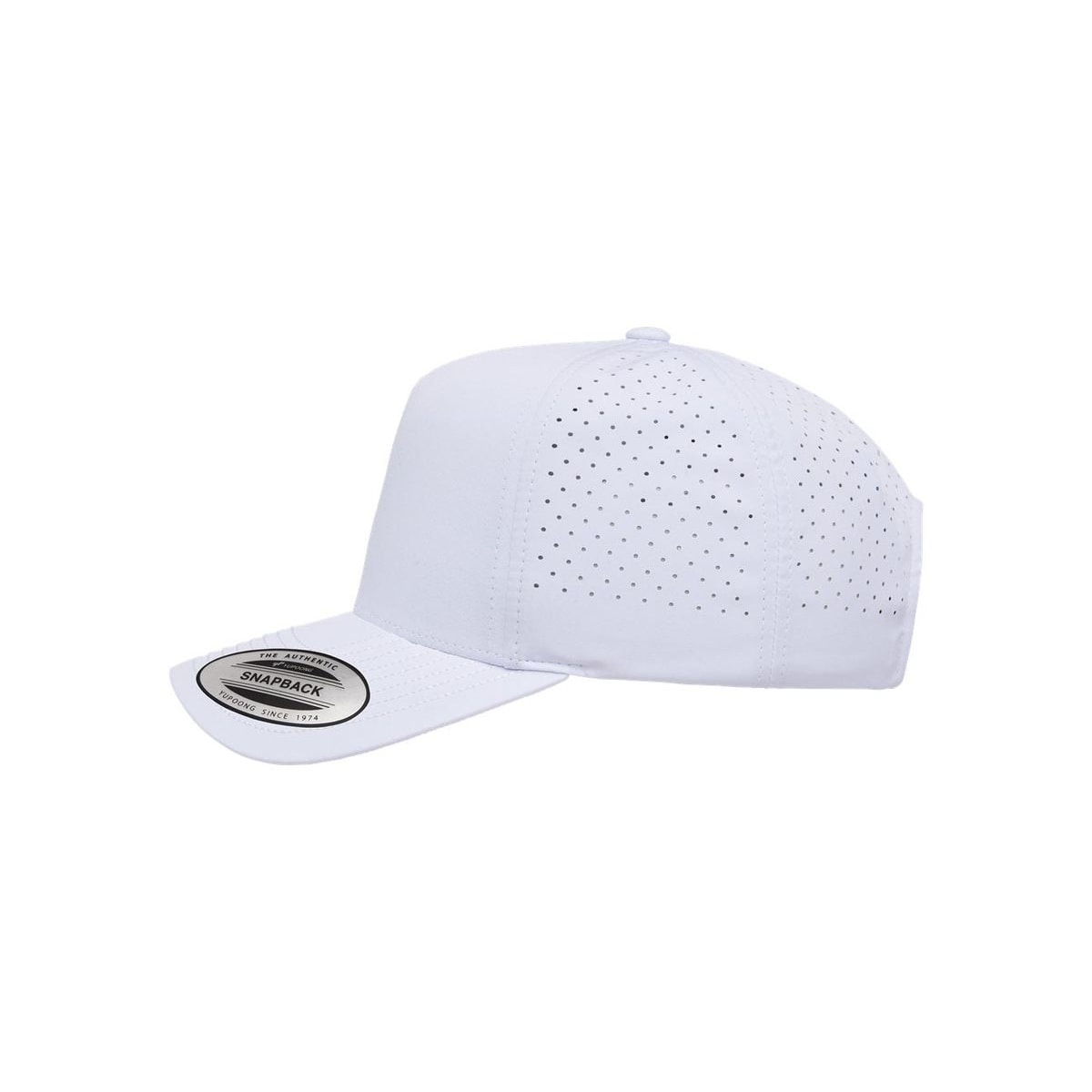 Five-Panel Snapback with Perforated Cap — White (Left)