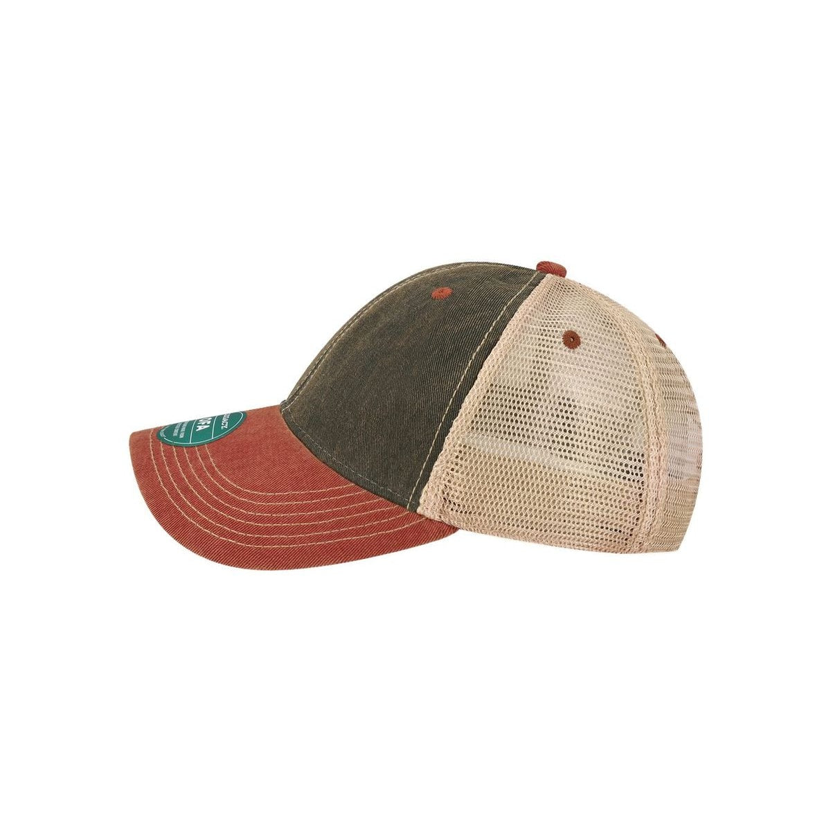 Old Favorite Trucker Cap — Black/ Cardinal/ Khaki (Left)