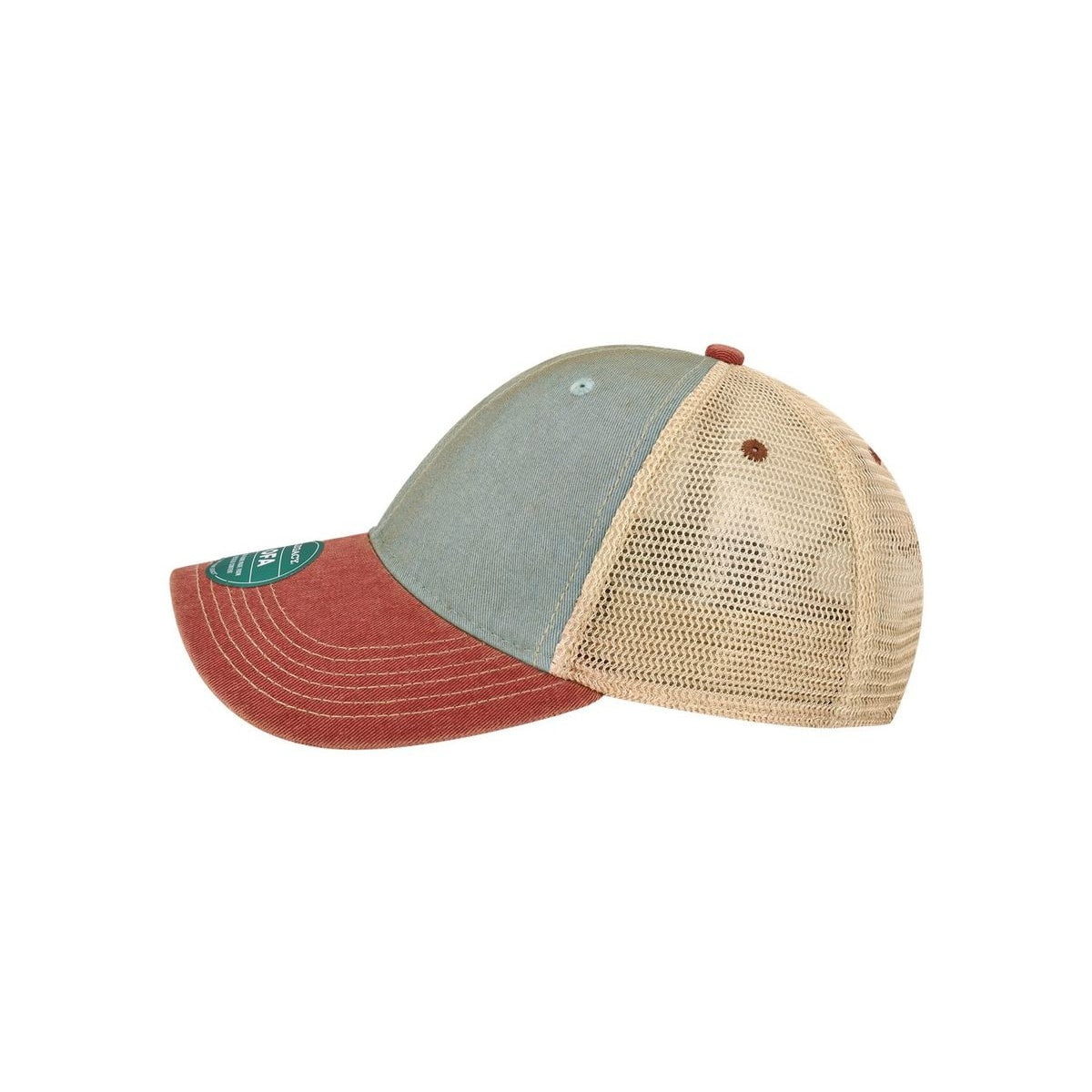 Old Favorite Trucker Cap — Light Blue/ Cardinal (Left)