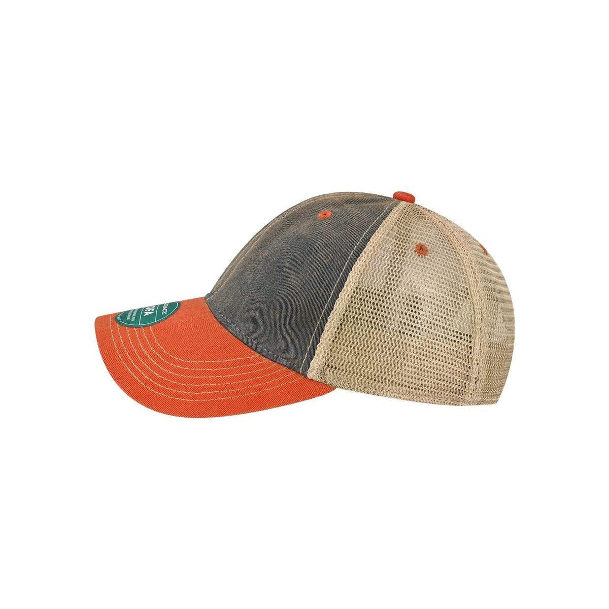 Old Favorite Trucker Cap — Navy/ Orange/ Khaki (Left)