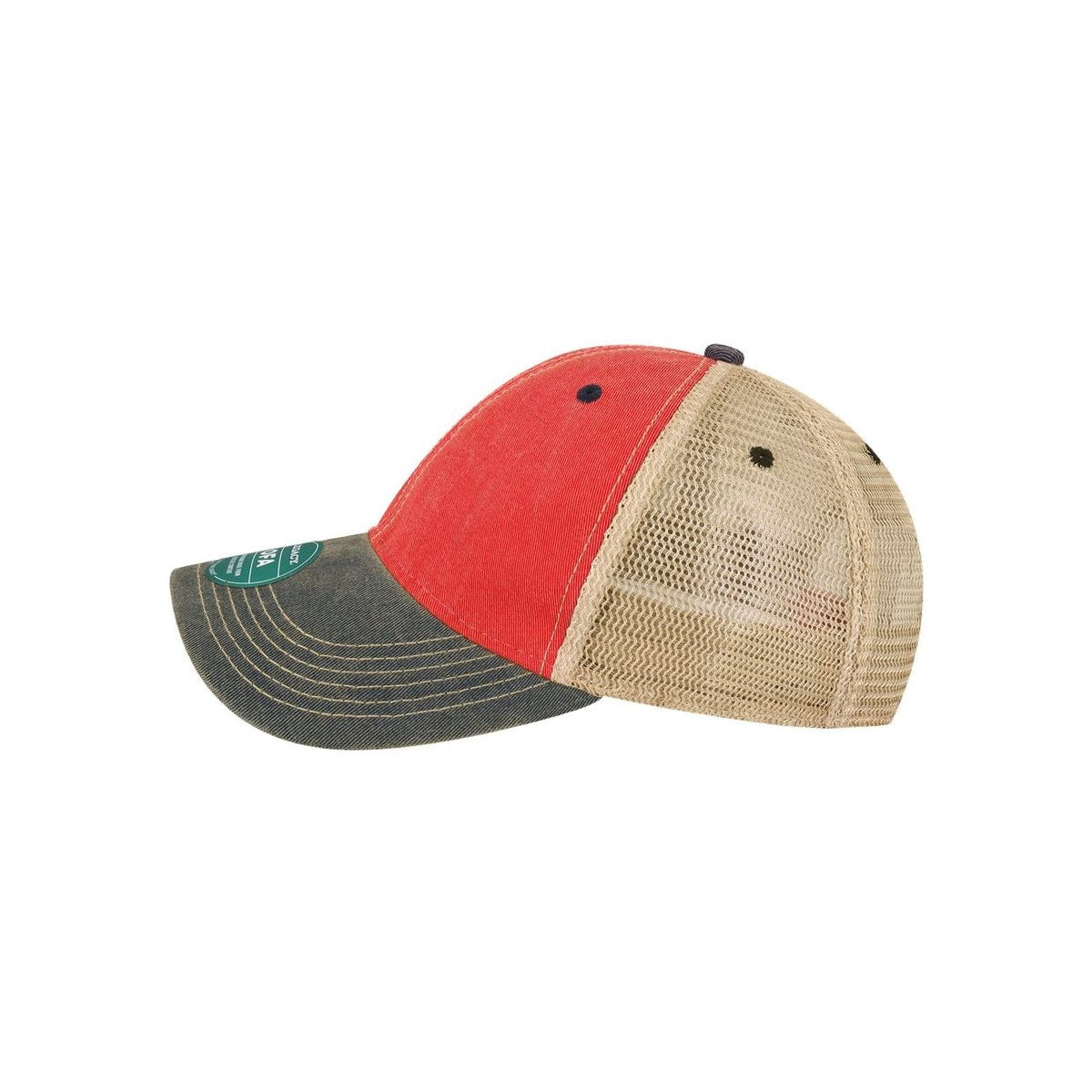 Old Favorite Trucker Cap — Scarlet Red/ Navy/ Khaki (Left)