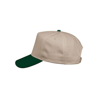 Five-Panel Twill Cap — Khaki/ Forest Green (Left)