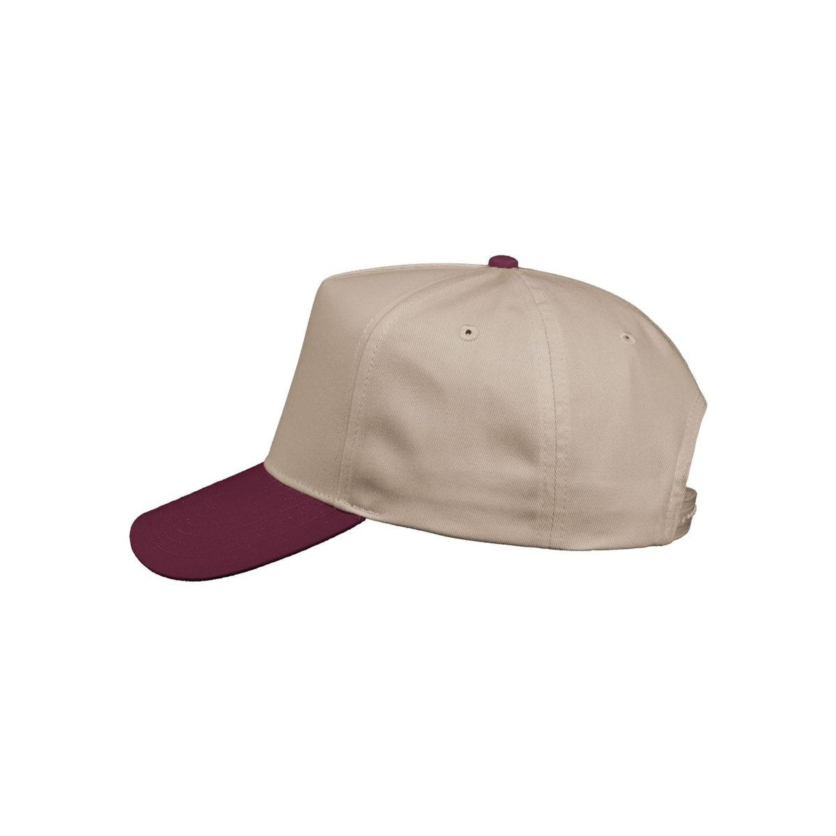 Five-Panel Twill Cap — Khaki/ Maroon (Left)
