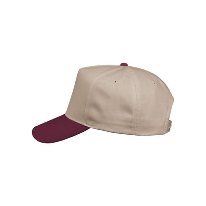 Five-Panel Twill Cap — Khaki/ Maroon (Left)
