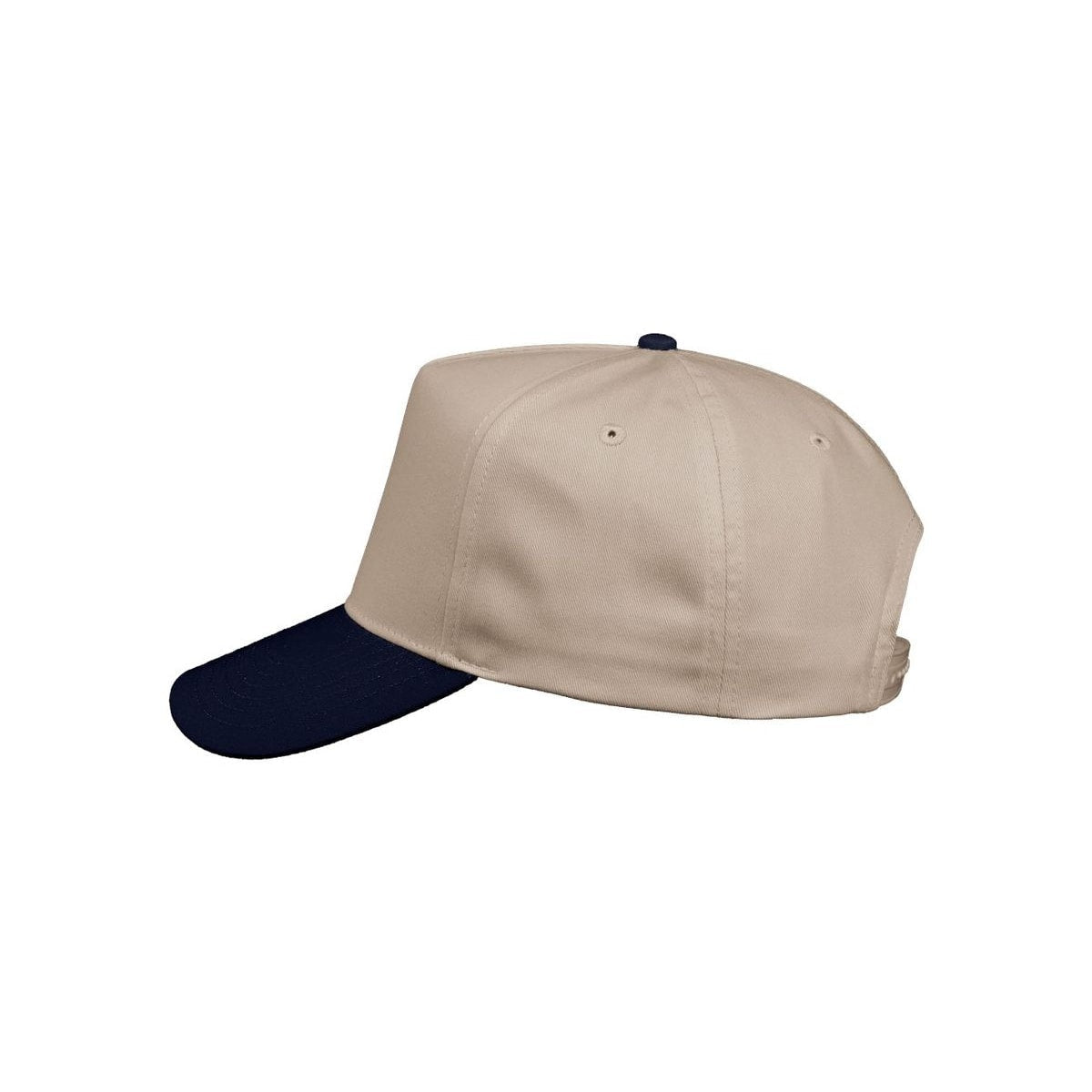 Five-Panel Twill Cap — Khaki/ Navy (Left)
