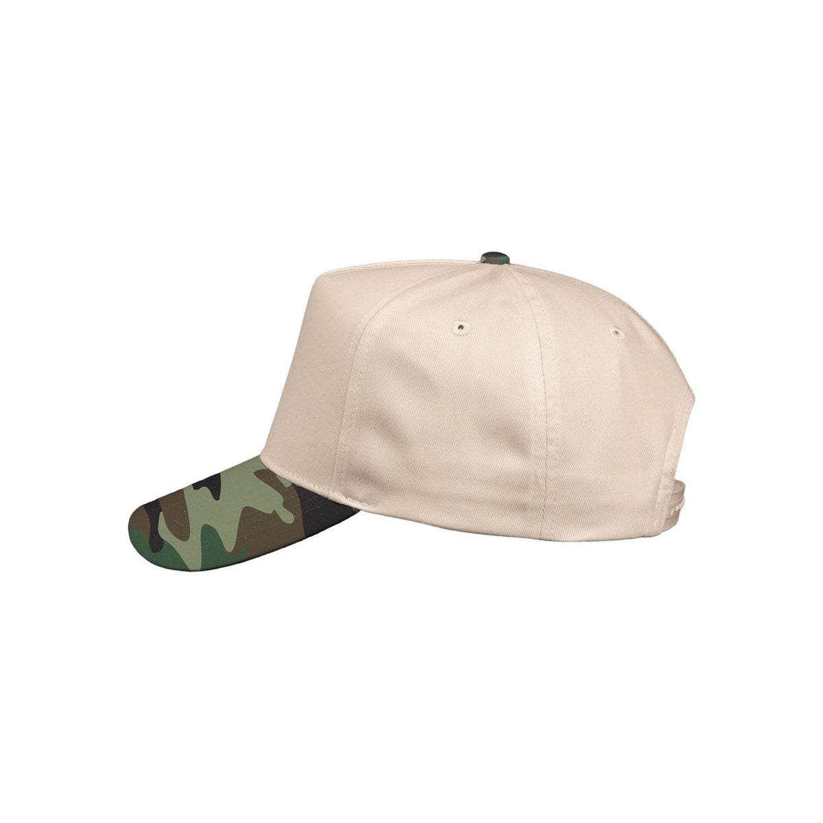Five-Panel Twill Cap — Natural/ Camo Green (Left)