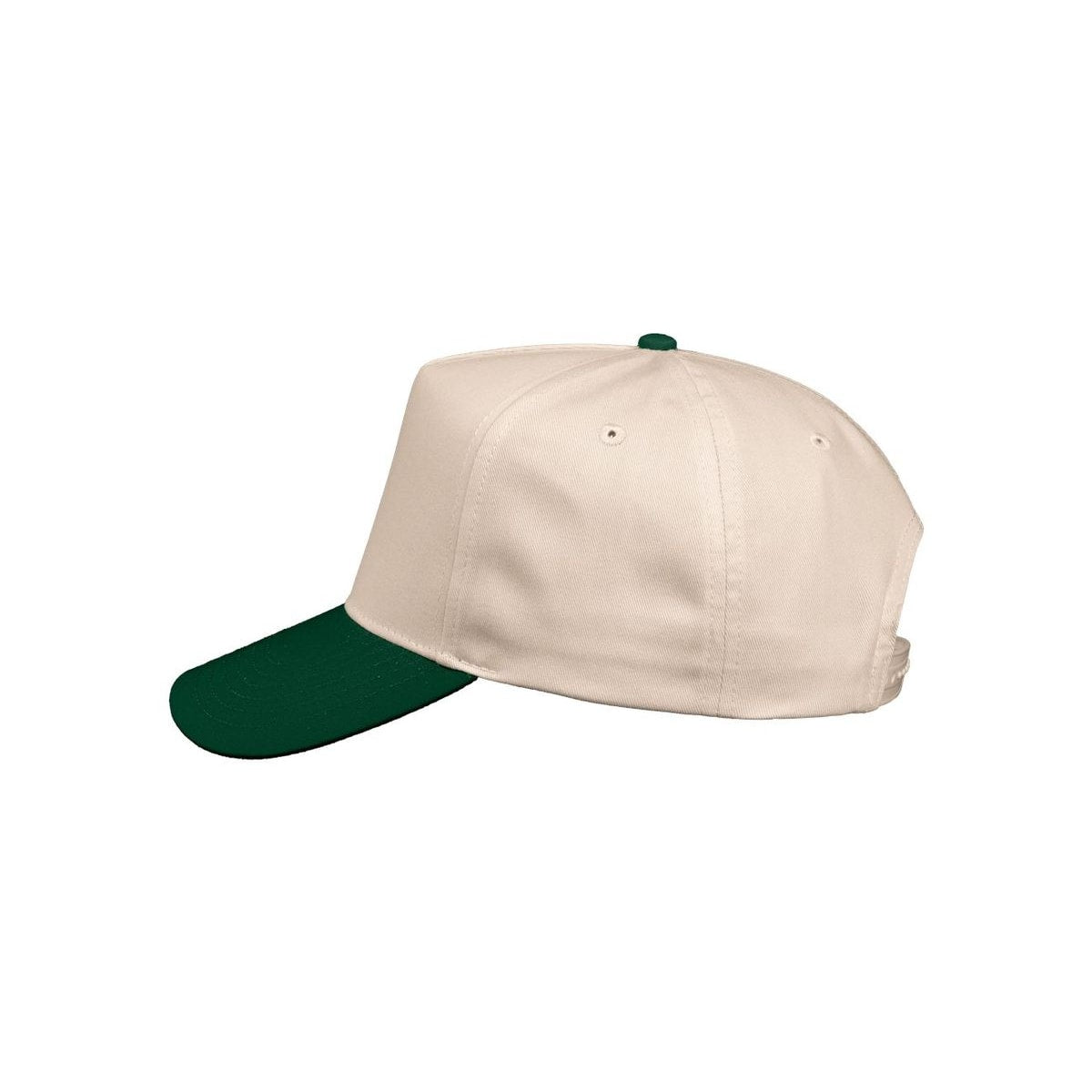 Five-Panel Twill Cap — Natural/ Forest Green (Left)