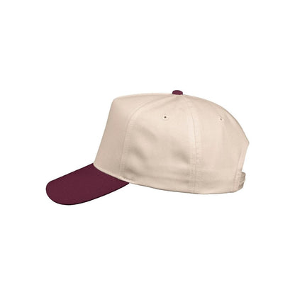 Five-Panel Twill Cap — Natural/ Maroon (Left)