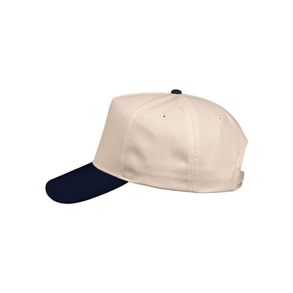 Five-Panel Twill Cap — Natural/ Navy (Left)
