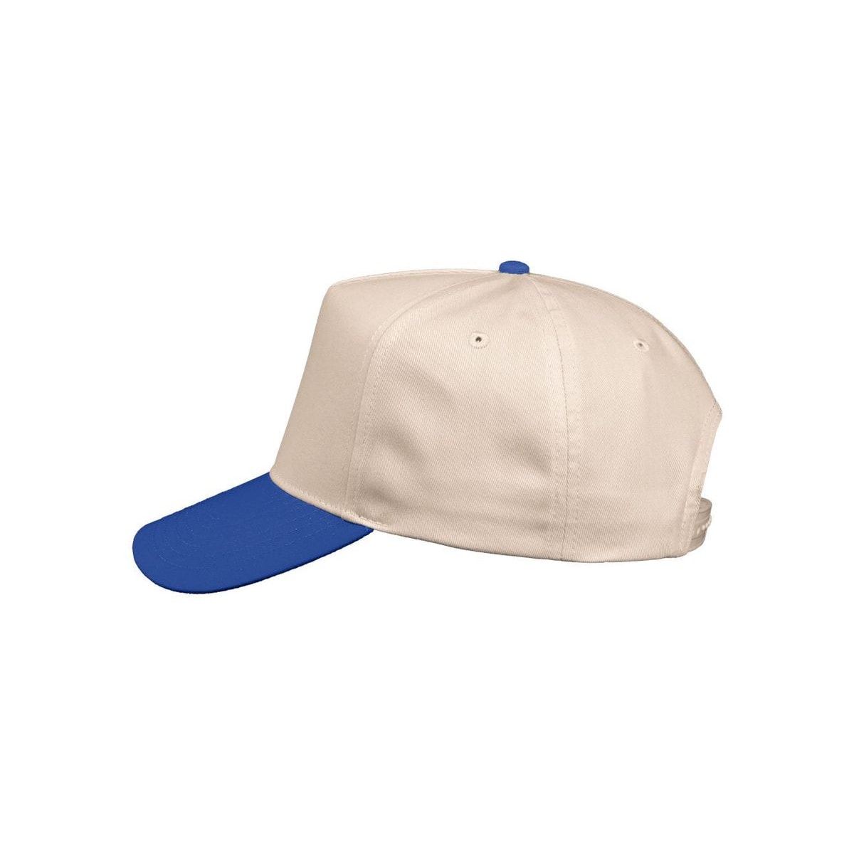 Five-Panel Twill Cap — Natural/ Royal (Left)