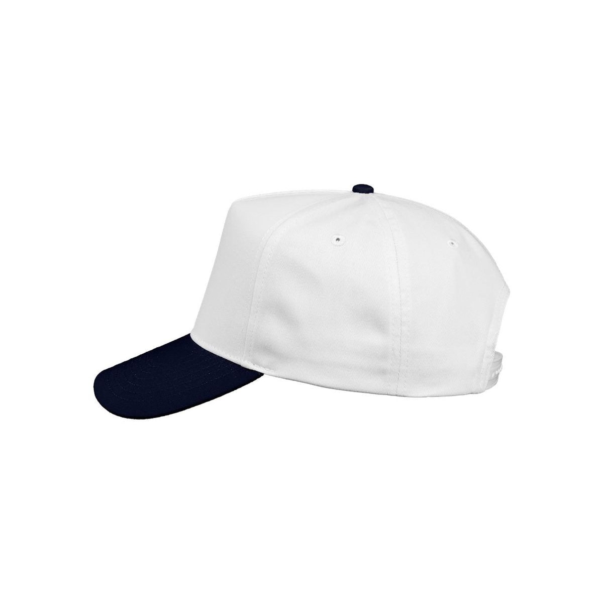 Five-Panel Twill Cap — White/ Navy (Left)